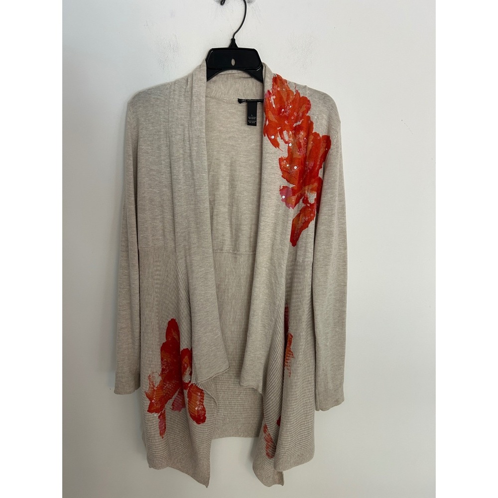 INC International Concepts Floral Sequin Open Front Cardigan Oatmeal Beige Large